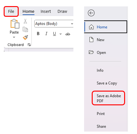 Callouts to the File tab and Save as Adobe PDF option in Microsoft Word.