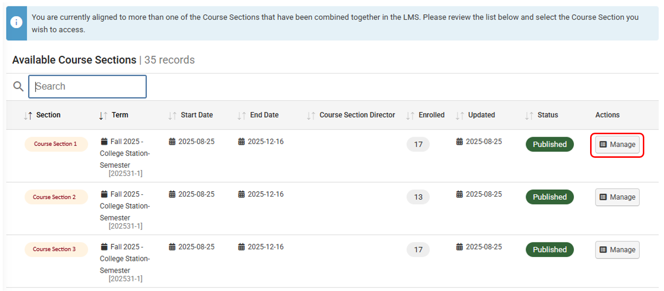 View of Canvas course page containing multiple course sections.