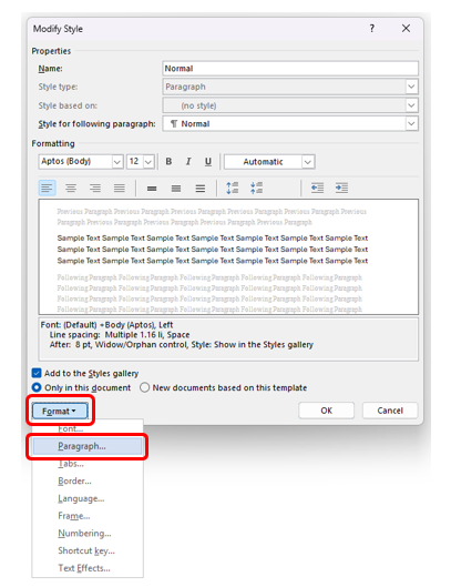 Callouts to Format dropdown button and Paragraph... option for Modify Style in Microsoft Word.