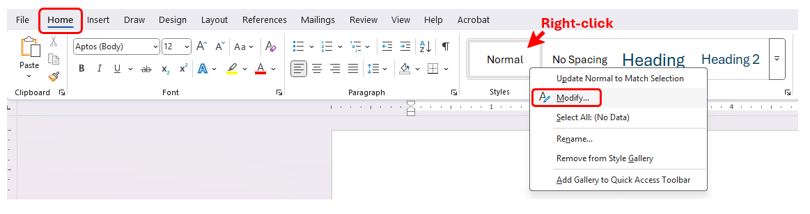 Callouts to the Home tab, Normal style and Modify options in Microsoft Word.